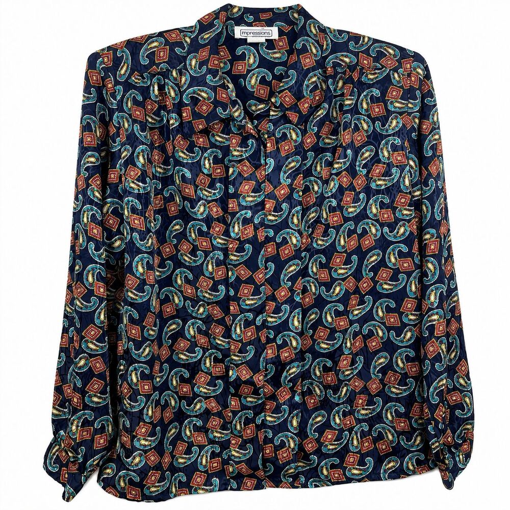 Vintage Impressions Womens 16 Navy Paisley Button Up Blouse Retro Secretarycore